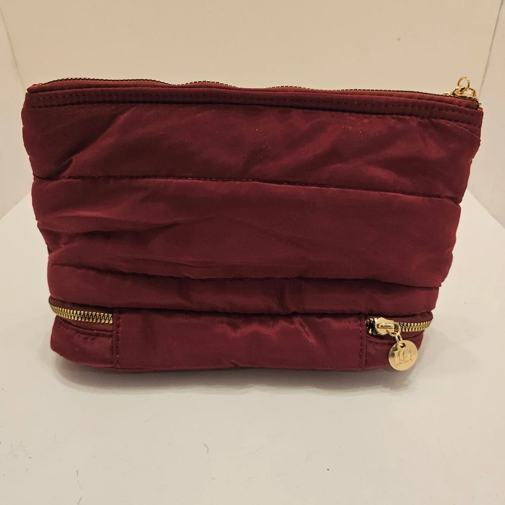 Laura Geller Quilted Burgundy Makeup Bag and 4 Piece Professional Brush Set Gold